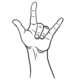 A line drawing of a hand does the ASL sign for "love," also the signal that Spiderman uses to shoot spiderwebs.