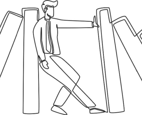 A line drawing of a figure standing between books falling over. The figure is holding them up.