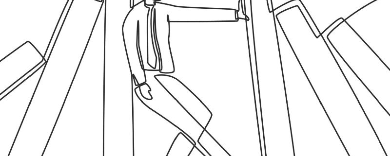 A line drawing of a figure standing between books falling over. The figure is holding them up.