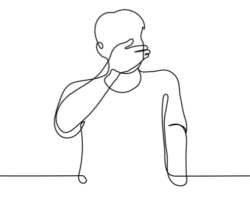 A line drawing of a figure covering their mouth in reaction to something.