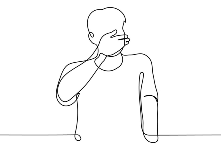 A line drawing of a figure covering their mouth in reaction to something.