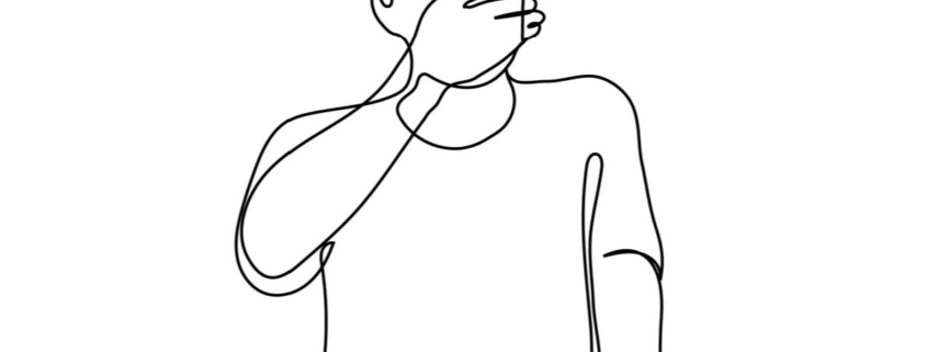 A line drawing of a figure covering their mouth in reaction to something.