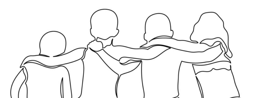 Line drawn figures facing away from the camera with their arms around each other.