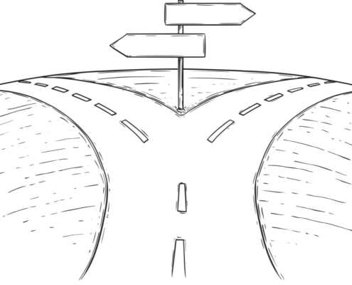 A line drawing of a single road, coming to a fork in the road. Two directional signs stand between.