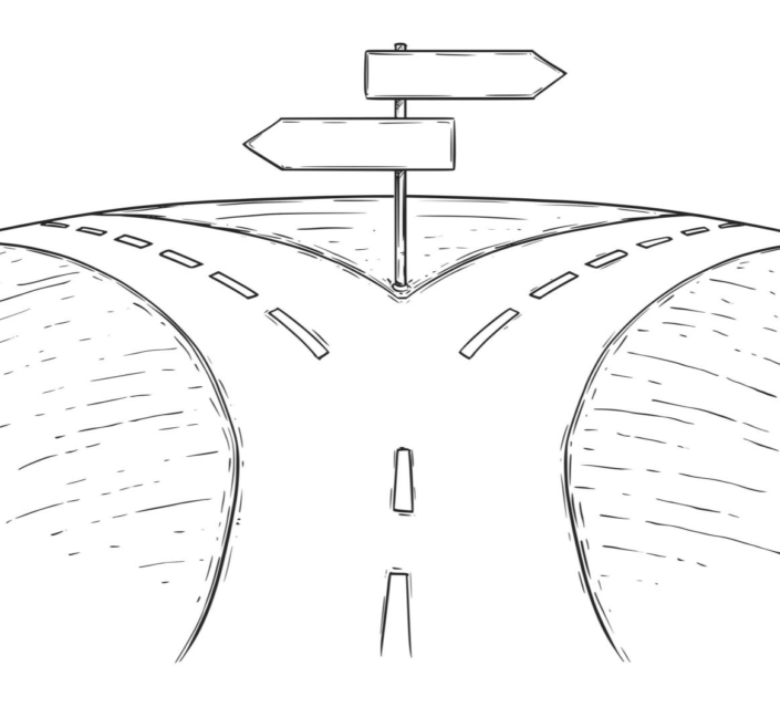 A line drawing of a single road, coming to a fork in the road. Two directional signs stand between.