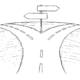 A line drawing of a single road, coming to a fork in the road. Two directional signs stand between.