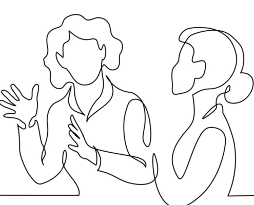Line drawing of two figures talking with gestures.