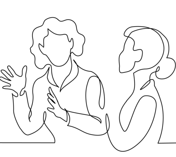 Line drawing of two figures talking with gestures.